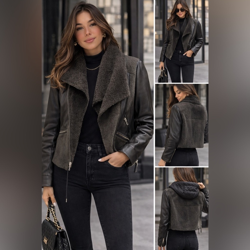 Women's Black and Gray Shearling Jacket